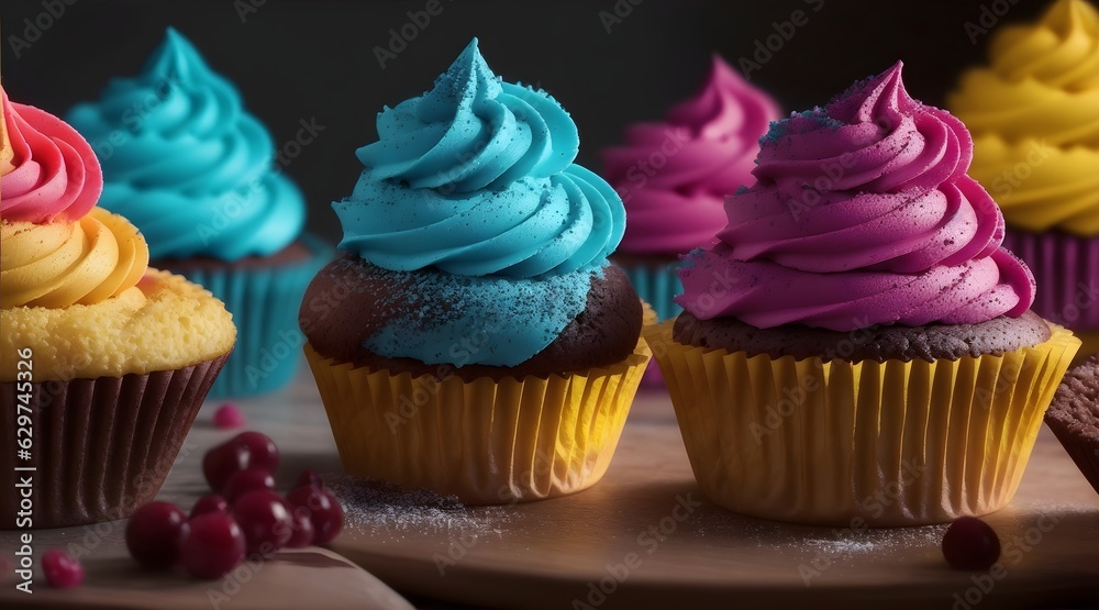 Colorful delicious cupcakes on display 