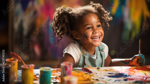 Girl's face beaming with excitement as she engages with a set of art supplies. The close-up shot captures the child's intense concentration and the vibrant colors of the paints and brushes. 
