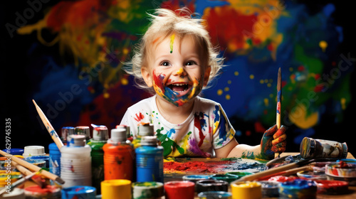 Girl's face beaming with excitement as she engages with a set of art supplies. The close-up shot captures the child's intense concentration and the vibrant colors of the paints and brushes. 