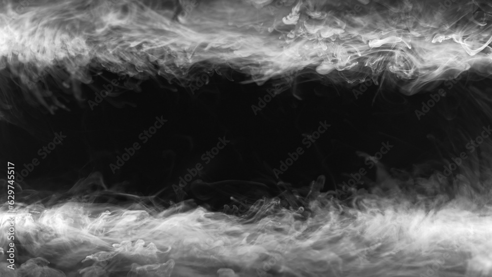 Smoke frame. Vapor background. Fog texture. Blur white transparent steam cloud floating on dark night black abstract empty space.