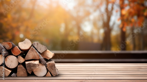 Stack of firewood, grey wooden table autumn, blurred background.