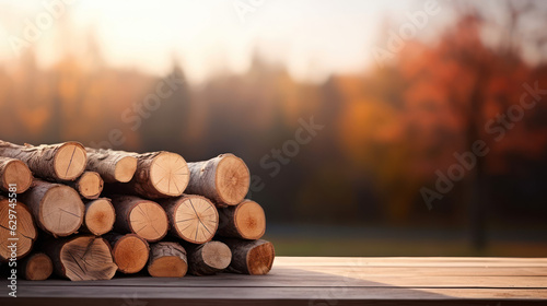 Stack of firewood, grey wooden table autumn, blurred background.