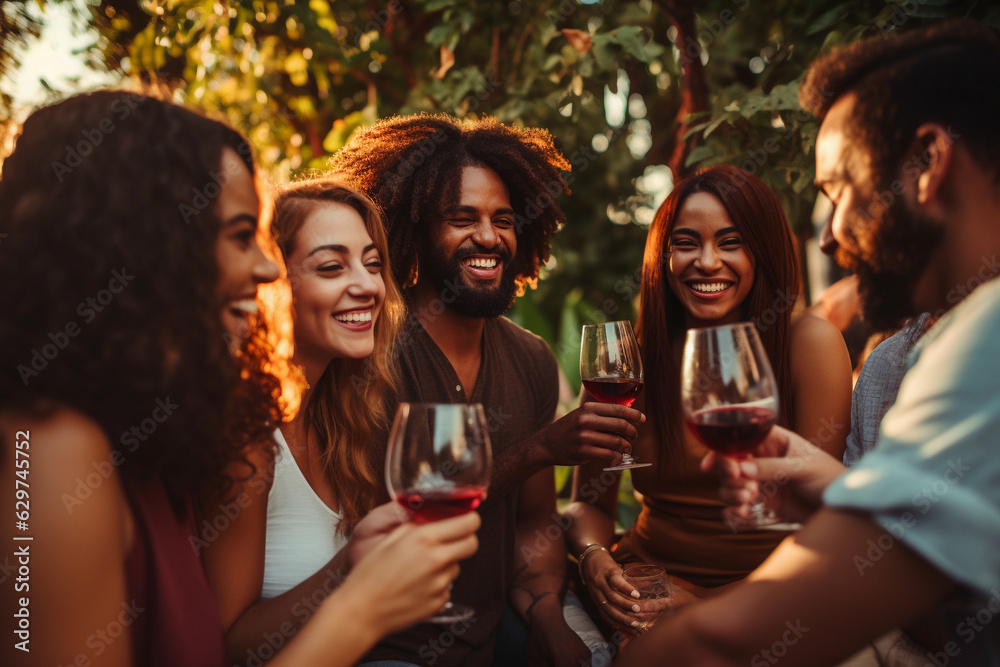 A group of people drinking wine together in a group, in the style of joyful celebration