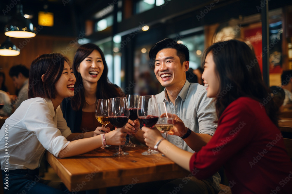 a group of friend drinking wine together at the cafe, in the style of joyful celebration
