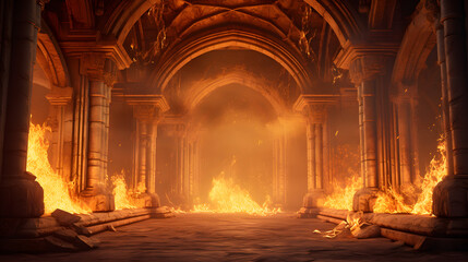 Ancient classic architecture stone arches with flames
