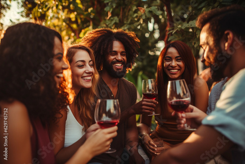 A group of people drinking wine together in a group, in the style of joyful celebration