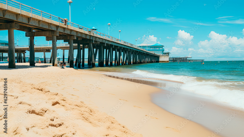 A pier jutting into the ocean on a beach
