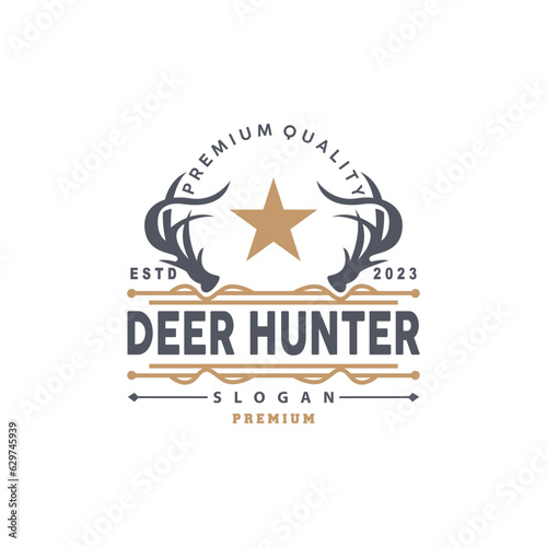 Deer Logo, Deer Hunter Vector, Forest Animal Design, Deer Antlers Retro Vintage Symbol Design Icon
