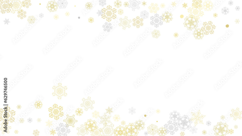 Gold snowflakes frame on black background. New year theme. Horizontal shiny Christmas frame for holiday banner, card, sale, special offer. Falling snow with gold snowflake and glitter for party invite Gold snowflakes frame on black background. New year theme. Horizontal shiny Christmas frame for holiday banner, card, sale, special offer. Falling snow with gold snowflake and glitter for party invite