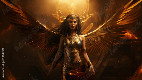 Wings of Glory, A Majestic Golden Goddess Soaring with Grace in this Illustration photo