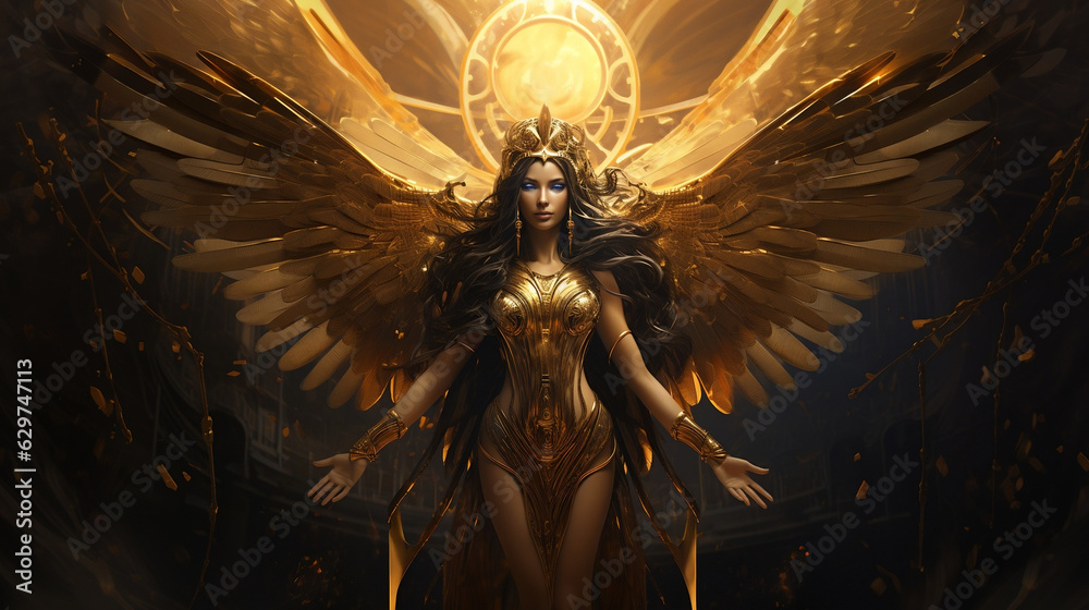 Guardian of the Sun, Majestic golden goddess Isis with outstretched wings, a captivating illustration, - obrazy, fototapety, plakaty 