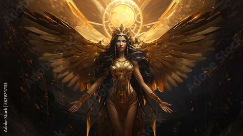 Canvas-taulu Guardian of the Sun, Majestic golden goddess Isis with outstretched wings, a cap