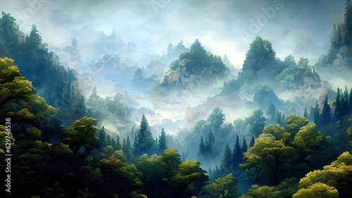 Smokey Forest Landscape - Foggy Forest Background - Cloudy Sky and Misty Forest Background - Faded Mountains