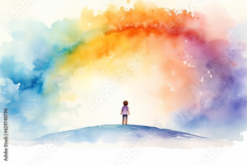 子供と虹色の空,Generative AI AI画像