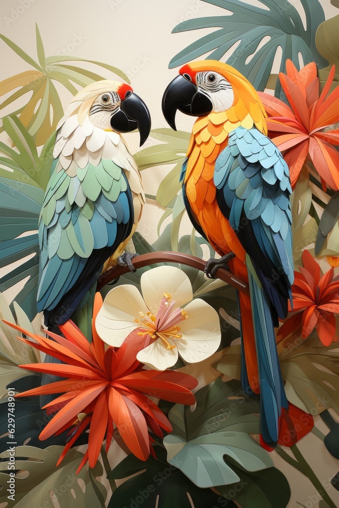Illustration of two vibrant parrots perched on a branch, showcasing their colorful feathers created with Generative AI technology