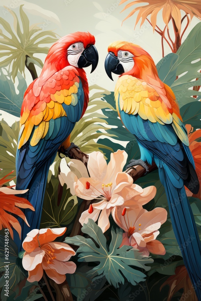 Fototapeta premium Illustration of two vibrant parrots perched on a branch, showcasing their colorful feathers created with Generative AI technology