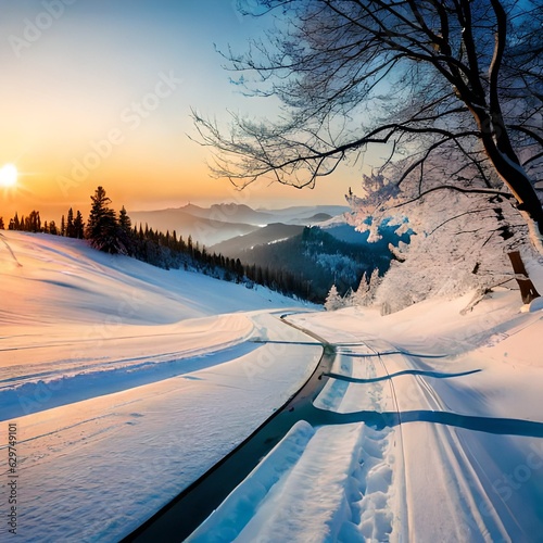 Amidst the serene winter landscape, trees adorned with snow, roads winding through the scenery, and the sky bathed in sunlight create a breathtaking and picturesque view. © sarawut