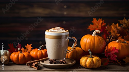 Pumpkin spice latte against a rustic autumn background photo