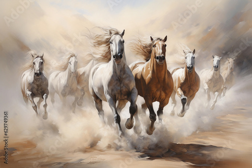 Horse herd run gallop in desert dust against dramatic sky © katobonsai