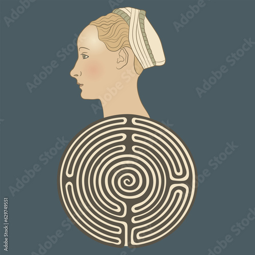 Round spiral maze or labyrinth symbol with a head of beautiful Renaissance woman. Medieval Ariadne. Creative philosophical concept.