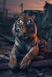 Image of a tiger sitting next to a abandoned city, in the style of hyper