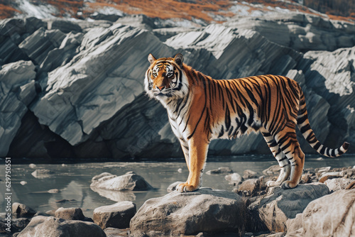 A tiger standing next to some rocks near a river, in the style of dark white © katobonsai