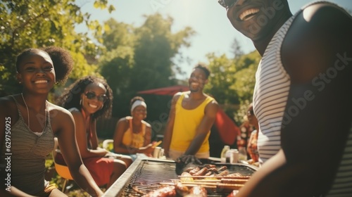 a photo of a black african american family and friends having a picnic barbeque grill in the garden. having fun eating and enjoying time. sunny day in the summer. for an ad. Generative AI