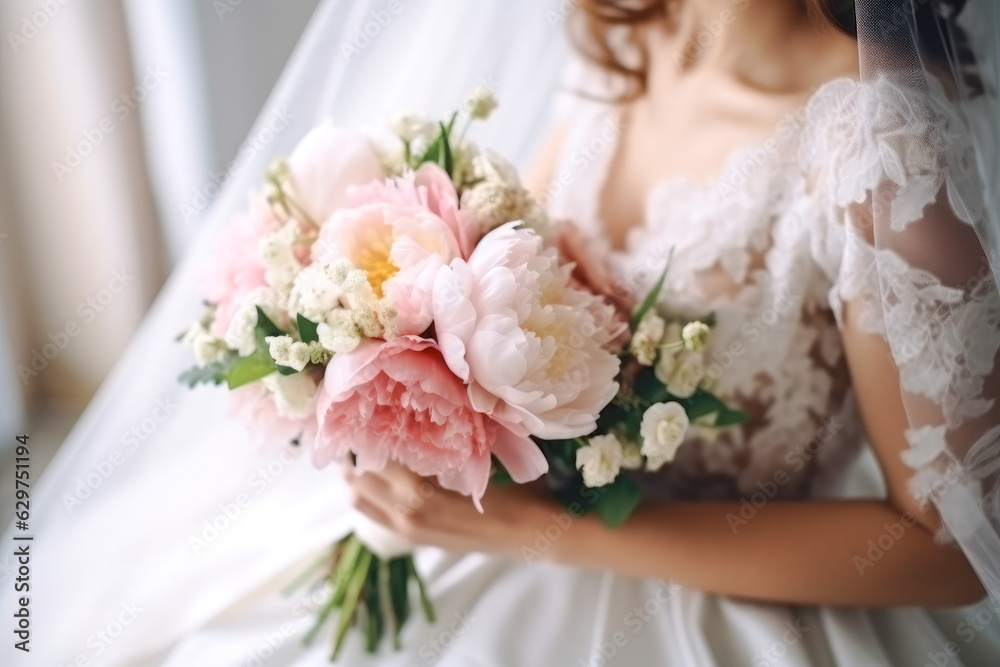 The bride holding a beautiful wedding bouquet of pink and white flowers in her hands, closeup