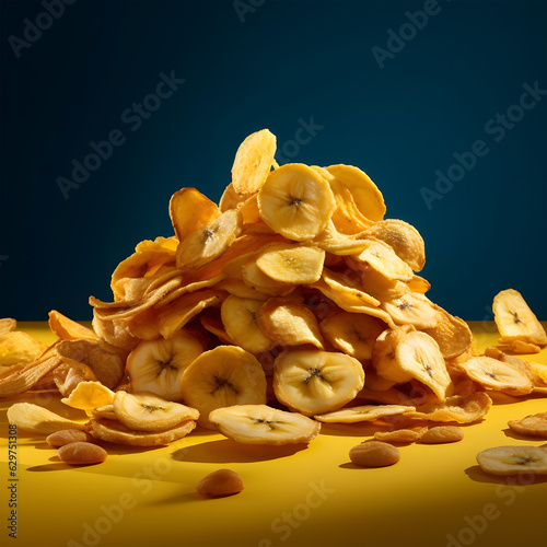 pile of banana chips on a yellow background
