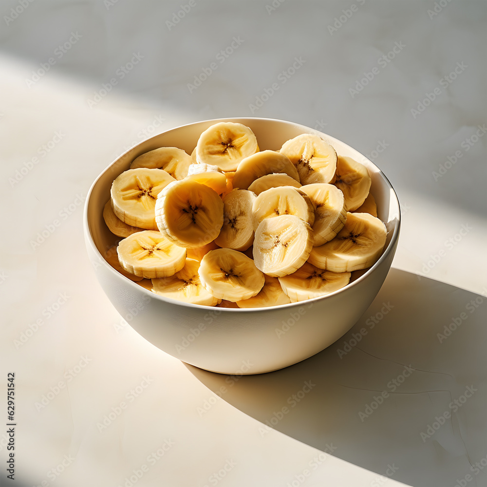 bowls of sliced bananas are sitting on the counter on a sunny day bowls of sliced bananas are sitting on the counter on a sunny day
