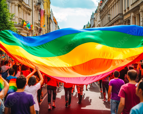 People with rainbow flag on pride parade, holding large flag