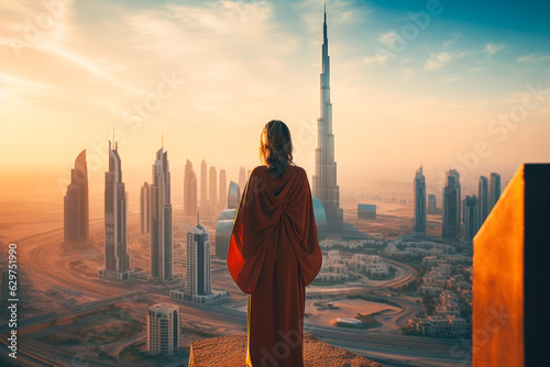 Woman standing and looking at a Dubai landscape