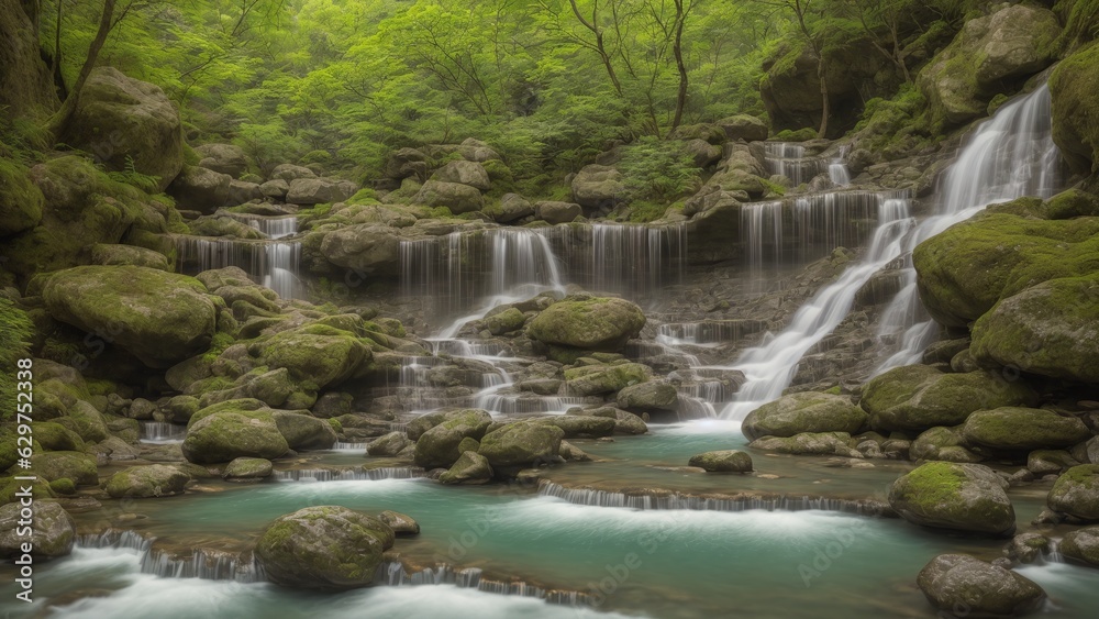 A Waterfall In A Forest With Rocks And Water A Waterfall In A Forest With Rocks And Water