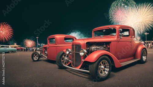 A Red Car Parked In A Parking With Fireworks