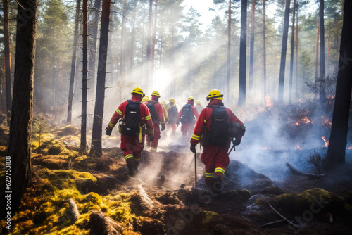 Firefighters trying to put out a forest fire, firefighters fighting with grass and bush fires