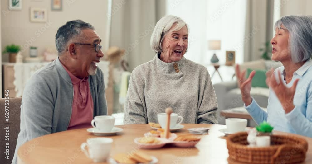 Friends, senior people and laughing with tea at table in a retirement home. Elderly women and a man with coffee, funny conversation and cookies for bonding, joke and quality time or relax together Friends, senior people and laughing with tea at table in a retirement home. Elderly women and a man with coffee, funny conversation and cookies for bonding, joke and quality time or relax together