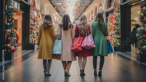 Christmas shopping.girlfriends with purchases go through the mall.back view. 