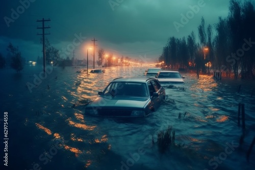 水害で水没した自動車：AI作品  © fumoto-lab