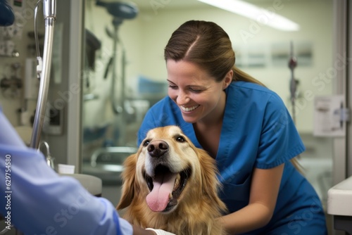 a beautiful female vet nurse doctor examining a cute happy golden retriever dog making medical tests in a veterinary clinic. animal pet health checkup. Generative AI photo
