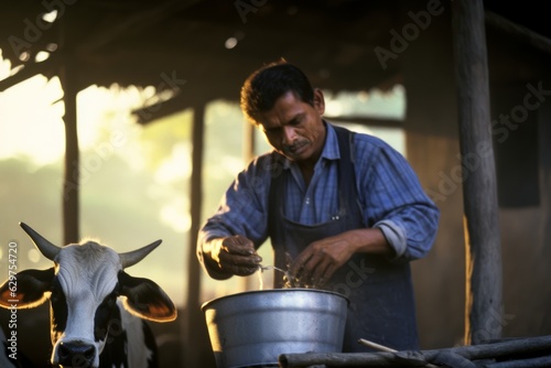 a asian indian farmer feeding and milking cow at his animal farm outside in the pasture field with grass. Generative AI