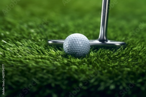 芝生の上のゴルフボールとパター：AI作品 