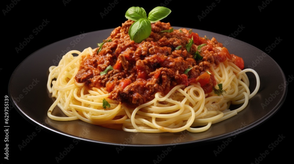 Vegan spaghetti bolognese on isolated black spaghetti with tomato sauce Vegan spaghetti bolognese on isolated black spaghetti with tomato sauce