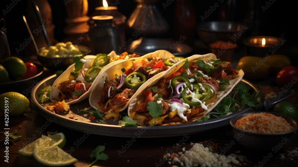 tacos filled with vegetables, meat and melted mayonnaise on a wooden table with blurred background