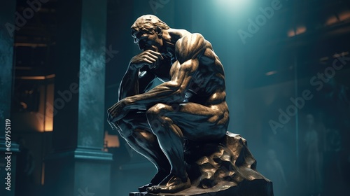 Thinker man 3D illustration. The Thinker Statue statue of a person in the park