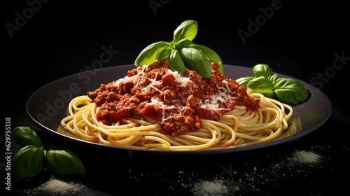 Vegan spaghetti bolognese on isolated black