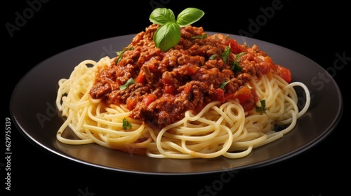 Vegan spaghetti bolognese on isolated black spaghetti with tomato sauce