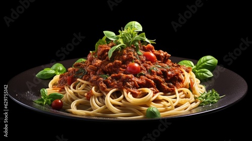 Vegan spaghetti bolognese on isolated black spaghetti with tomato sauce and basil