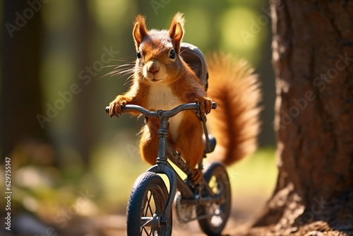 Fototapeta Portrait of a squirrel riding a bicycle