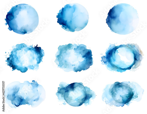 Set of abstract blue watercolor paint stroke background, watercolor splashes brush strokes elements, isolated on white and transparent background, ai generate