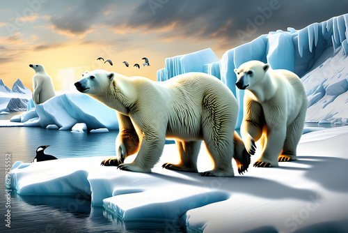 Polar Bears Hunting Penguins in the Arctic. Generative AI